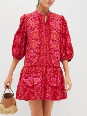 FARM Rio Floral Red Puff-Sleeve Dress NWOT